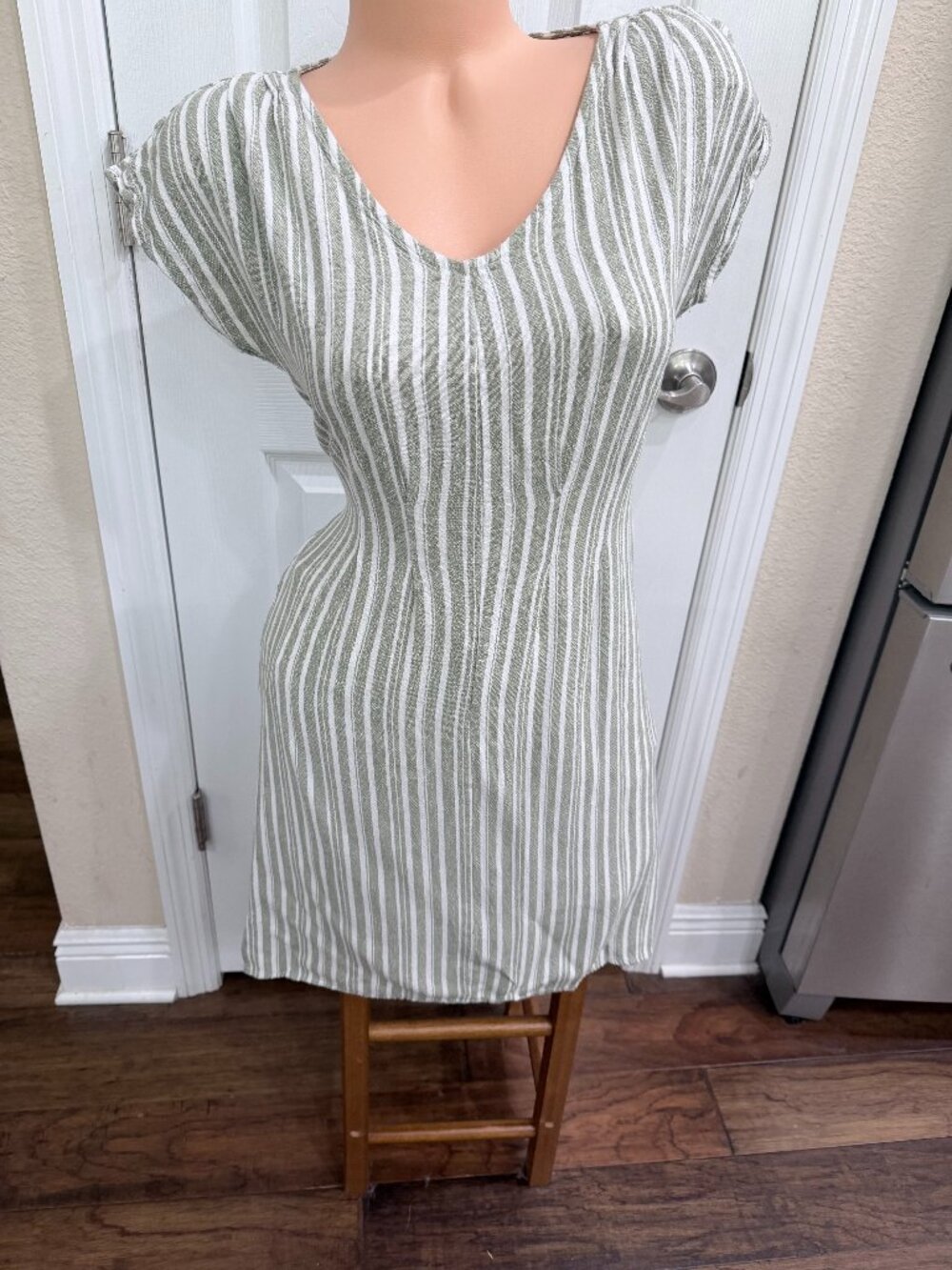 Naif Petite M Sage Green Striped Linen Blend Tie Waist Dress Coastal